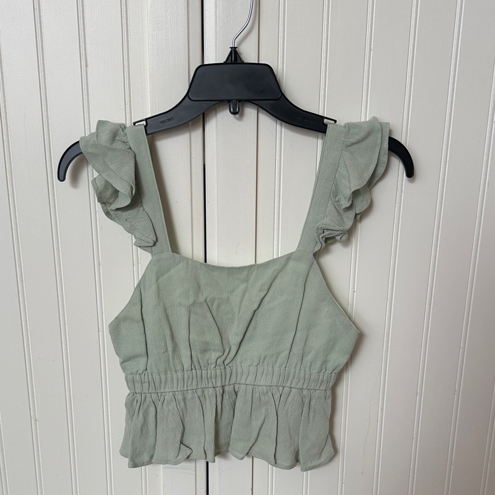 superdown Sage Green Ruffle Strap Crop Top